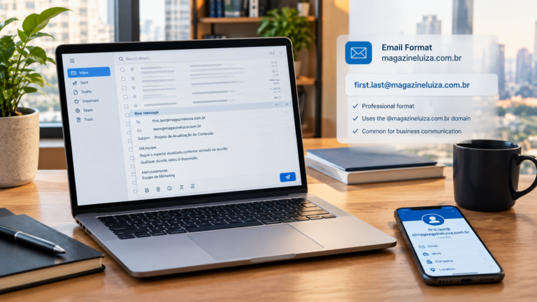 Magazineluiza com br email format shown on laptop with business email interface