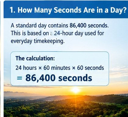 Infographic showing that a standard day contains 86,400 seconds, based on a 24-hour day used for everyday timekeeping, with the calculation 24 hours times 60 minutes times 60 seconds equals 86,400 seconds.
